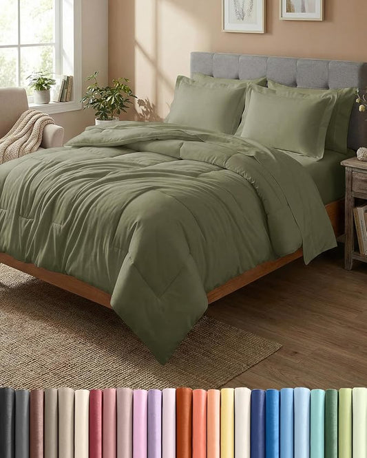 Queen Comforter Set - 7 Piece Bed in a Bag Queen Size Bed Set - Down Alternative Comforter, Flat Sheet, Fitted Sheet, Pillowcase & Shams for All Seasons - Ultra Soft, Comfy & Breathable - Sage Green