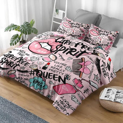Comforter Set Full Size, Makeup Pink Queen Soft 3 Pcs Bedding for Kids and Adults, Women Diamond Cute Comforter Set with Pillowcase, for Bedroom Bed Decor