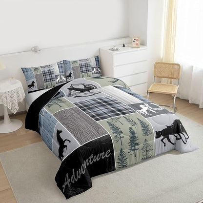 Erosebridal Rustic Farmhouse Comforter Set, Western Horse Bedding Queen for Kids Teens Adult, Farm Animal Horseshoe Quilt Western Decor for Home, Riding Boots Forest Grid Patchwork Duvet Sets, Blue