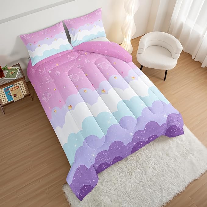 HOSIMA Galaxy Comforter Rainbow Twin Bedding Sets for Girls,Cloud Stars Twin Bed in a Bag Cute Stuff for Teen Girls Bedroom,Coquette Comforter Princess Toddler Bedding Set Kawaii Room Decor.