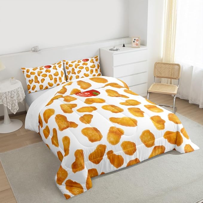 Erosebridal Chicken Nuggets Fried Comforter Set for Kids Boys Girls Teens Adult Food Bedding Set King Size Funny Food Down Comforter Men Women Duvet Set Bedroom Decor, Yellow