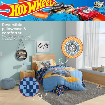 Hot Wheels Race Track 4 Piece Toddler Bed Set – Super Soft & Cozy Reversible Microfiber Comforter and Sheets (Officially Licensed Product) by Franco