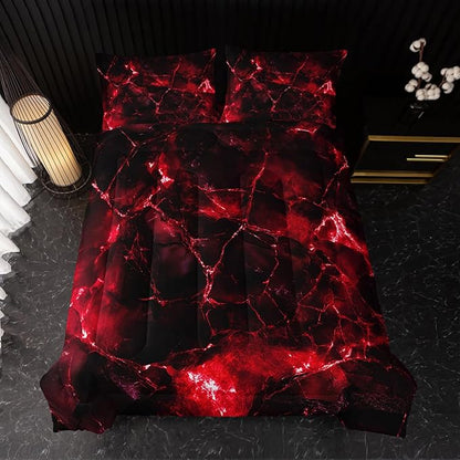 Red Comforter Set King Size，Red Marble Bedding Set 3 Pcs Bedding for Adults, Marble Room Decor with Comforter and 2 Pillowcases Soft and Lightweight B-Side Black