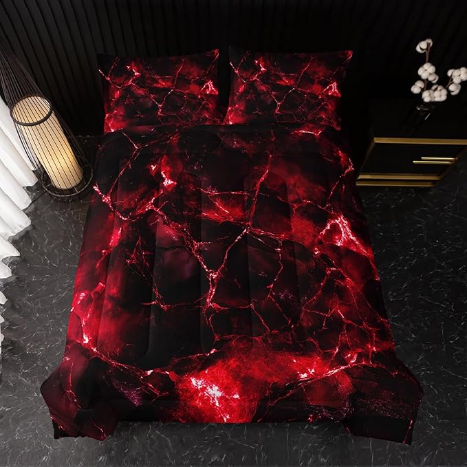 Red Comforter Set Full Size，Red Marble Bedding Set 3 Pcs Bedding for Adults, Marble Room Decor with Comforter and 2 Pillowcases Soft and Lightweight B-Side Black