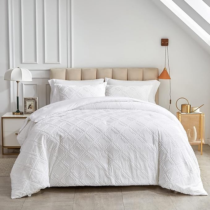 6 Pieces Tufted Bed in a Bag Twin Comforter Set with Sheets White, Soft and Embroidery Shabby Chic Boho Bohemian Design, Luxury Solid Color with Diamond Pattern, Jacquard Tufts Bedding Set for Kids