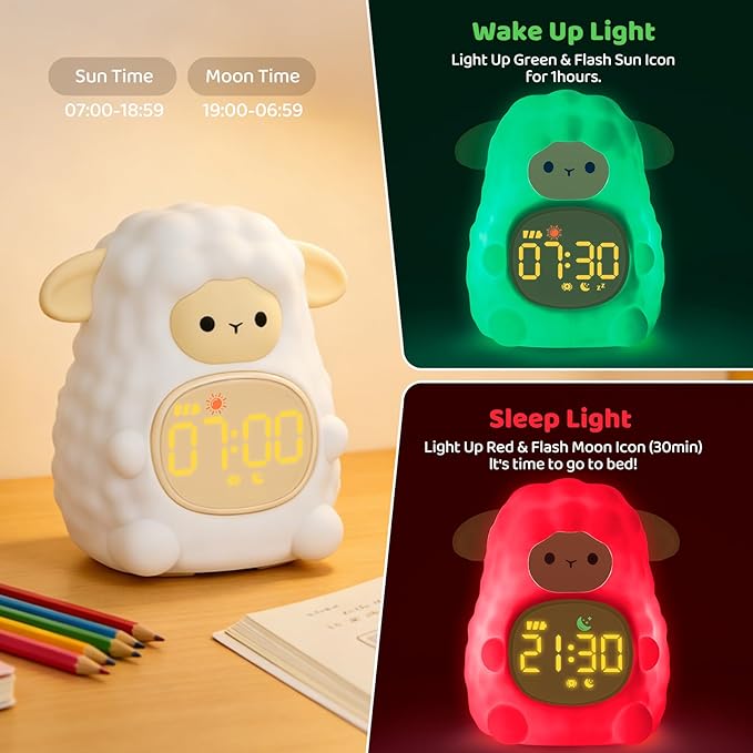 Sheep Alarm Clock with Night Light for Kids with Sleep Training and Sound Machine, Rechargeable Silicone Lamp OK to Wake Clock，Cute Animal Tabletop Lamp, Perfect Sleep Companion for Boys Girls