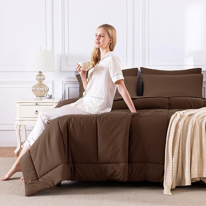 CozyLux King Size Comforter Set Brown, 7 Pieces Bed in a Bag, Brown Comforter King Size, All Season Bedding Sets with Stitch Quilted Comforter, Flat Sheet, Fitted Sheet, Pillowcases