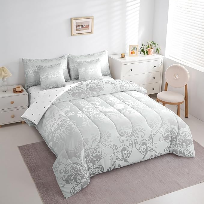 Erosebridal Gothic Damask Bed in a Bag King Size Comforter Set 7 Pieces,Halloween Bat Bedding Sets Silver White Victorian Floral Goth Sheet Set with Comforter