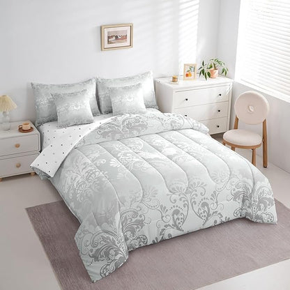 Erosebridal Gothic Damask Bed in a Bag King Size Comforter Set 7 Pieces,Halloween Bat Bedding Sets Silver White Victorian Floral Goth Sheet Set with Comforter