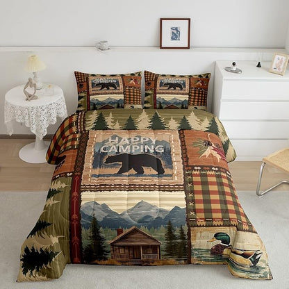 Erosebridal Camping Comforter Set for Kids Boys Girls,Vintage Camper Mountain Tree Bedding Set,Wooden Happy Camping Comforter Sets Twin,Rustic Bear Duvet Insert with 1 Pillowcase Cabin Lodge Decor