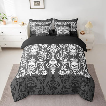 Erosebridal Gothic Skull Bed in a Bag King Size Comforter Set 7 Pieces,Grey White Damask Bohemian Vintage Flowers Bedding Set,Goth Skeleton Sheet Set,Exotic Boho Floral Crown Victorian Antique Decor