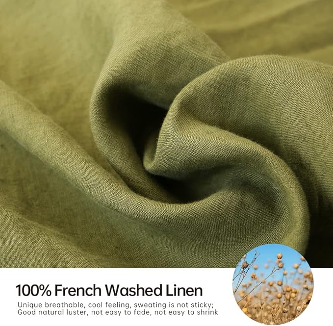 Simple&Opulence Washed Linen Bed Sheet Set Basic Style 4 Pieces (1 Flat Sheet & 1 Fitted Sheet & 2 Pillowcases) 100% Natural French Flax Soft Breathable Farmhouse Bedding (Queen, Olive Green)