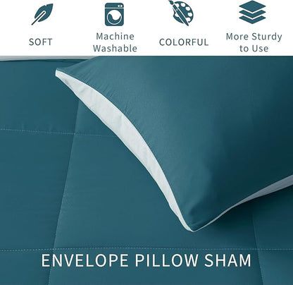 Exclusivo Mezcla Lightweight Reversible Queen Size Comforter Set, Down Alternative Comforter with 2 Pillow Sham, Queen Size Bedding Set for All Seasons, Dusty Teal/Aqua Blue