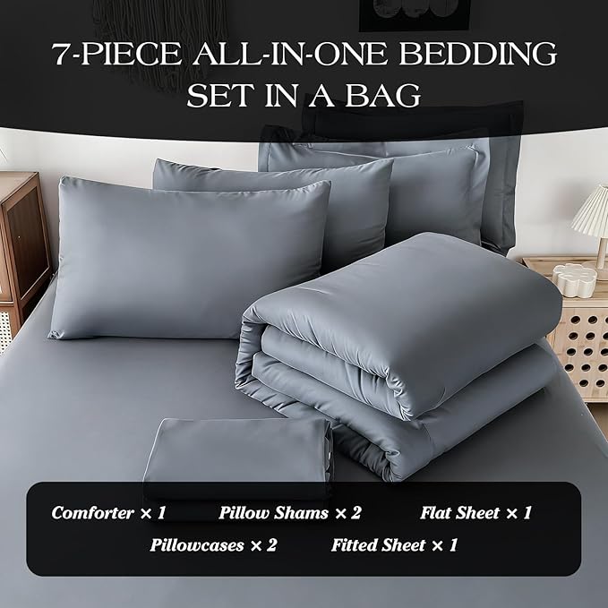 Double Brushed Micorfiber Queen Comforter Set Silver Gray - 7-Piece Bed in a Bag, All-Season Soft Bedding with Sheets & Envelope Pillowcases (88"x88",Queen)