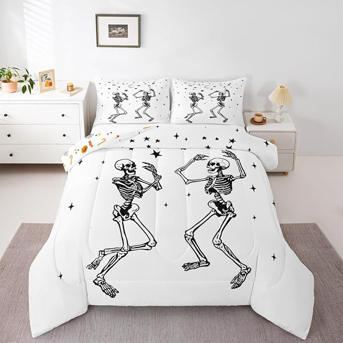 Erosebridal Halloween Skull Comforter Set Queen, Dancing Skull Bedding Set, Gothic Skeleton Comforter, Star Quilt with 2 Pillowcases for Kids Boys Teens Men Vintage Halloween Decor