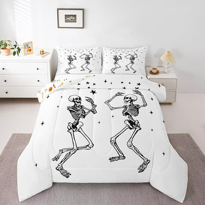 Erosebridal Halloween Skull Comforter Set Queen, Dancing Skull Bedding Set, Gothic Skeleton Comforter, Star Quilt with 2 Pillowcases for Kids Boys Teens Men Vintage Halloween Decor
