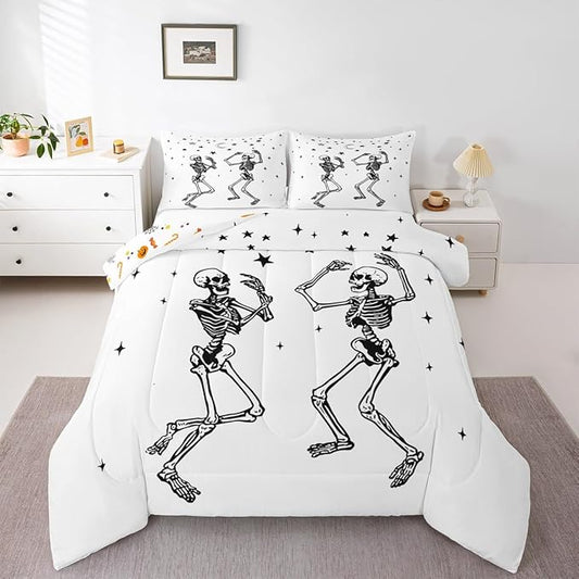 Erosebridal Halloween Skull Comforter Set Full, Dancing Skull Bedding Set, Gothic Skeleton Comforter, Star Quilt with 2 Pillowcases for Kids Boys Teens Men Vintage Halloween Decor
