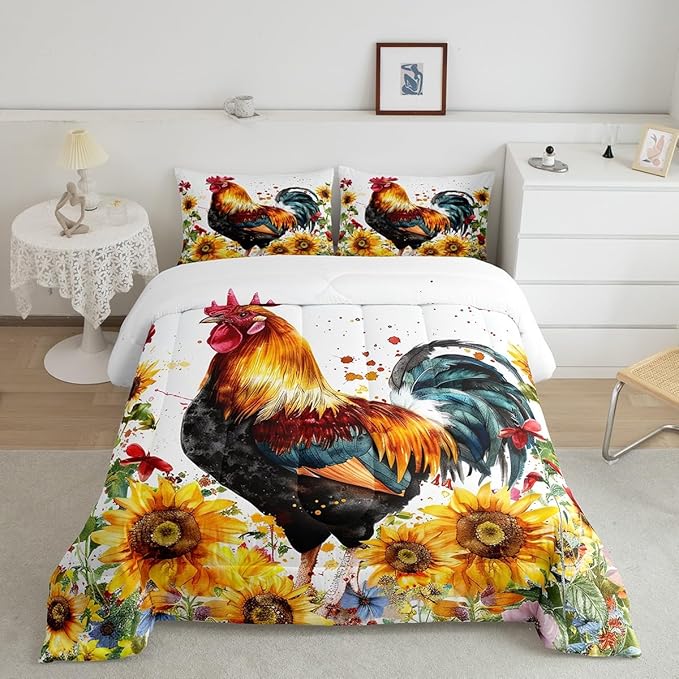 Erosebridal Sunflower Comforter Set Queen Size, Chicken Bedding Set, Yellow Floral Down Comforter, Watercolor Botanical Chick Animal Red Rooster Duvet Set, Tie Dye Quilted Duvet Bedroom Decor