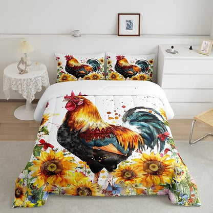 Erosebridal Sunflower Comforter Set Queen Size, Chicken Bedding Set, Yellow Floral Down Comforter, Watercolor Botanical Chick Animal Red Rooster Duvet Set, Tie Dye Quilted Duvet Bedroom Decor