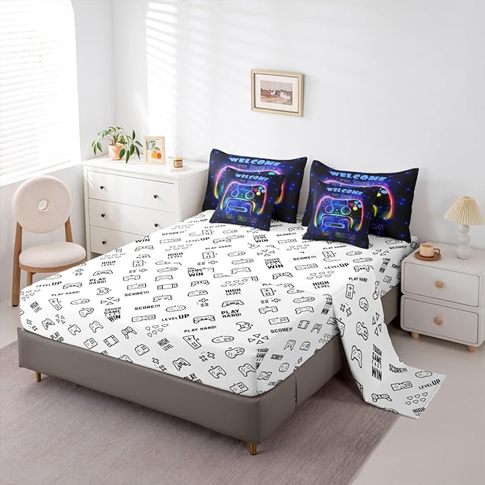jejeloiu Cool Gamer 7 Piece Bedding Set King Size for Boys 3D Gaming Comforter Set with Sheets Kids Teens Bright Blue Bed in a Bag Modern Game Console Bed Set