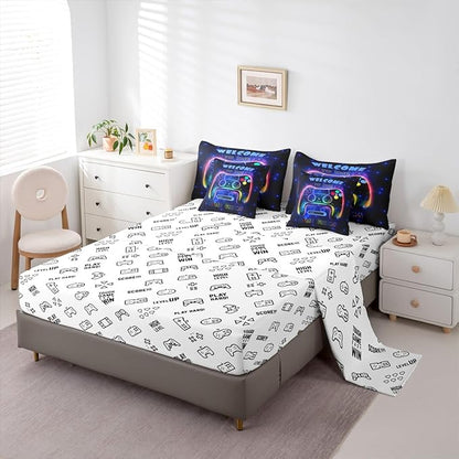 jejeloiu Cool Gamer 7 Piece Bedding Set King Size for Boys 3D Gaming Comforter Set with Sheets Kids Teens Bright Blue Bed in a Bag Modern Game Console Bed Set