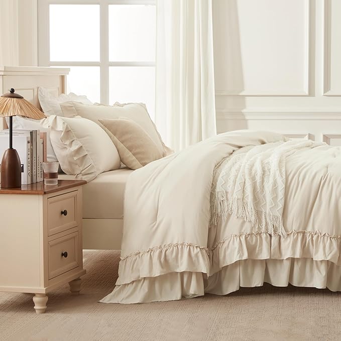 Andency Beige Twin Size Comforter Set, 2 Pieces Boho Lightweight Fluffy Ruffle Bedding Set & Collections, All Season Soft Microfiber Farmhouse Shabby Chic Bed Set for Kids (66x90In Comforter)