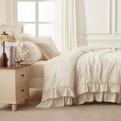 Andency Oversized King Ruffle Comforter Set, 3 Pieces Shabby Chic Farmhouse Bedding Set, Lightweight Soft Comforter Set 120x98 for Girls Women (1 Comforter 2 Pillowcases), Beige