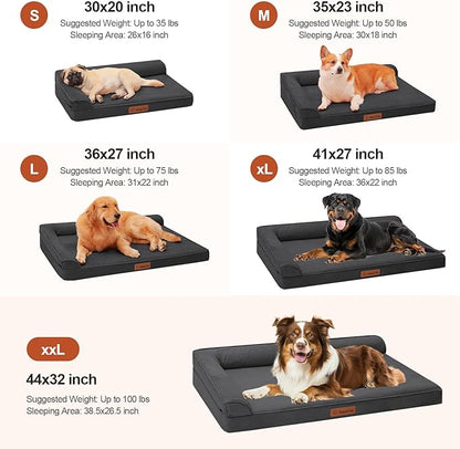 Orthopedic Dog Bed for Large Dogs, 44"x32"x6" Memory Foam Pet Bed with Washable Microsuede Cover, TPU Waterproof Liner & Nonskid Bottom, for Indoor, Outdoor, Crate ＆ Car Use, Dark Grey