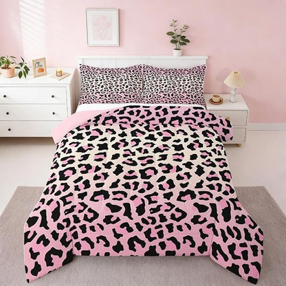 Feelyou Pink Leopard Bedding Set Cheetah Comforter Set for Kids Boys Girls Teens Room Decor Animal Print Comforter Queen Size Safari Duvet Set 3Pcs
