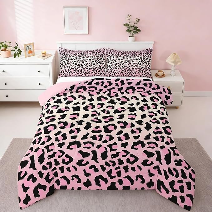 Feelyou Pink Leopard Bedding Set Cheetah Comforter Set for Kids Boys Girls Teens Room Decor Animal Print Comforter Twin Size Safari Duvet 2Pcs
