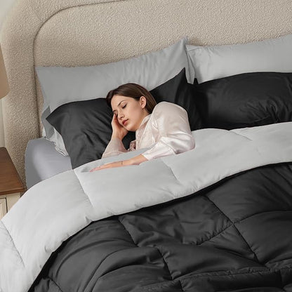 Anluoer California King Size Bed in a Bag 7 Pieces,Black and Grey Cal King Comforter Set with Sheets,All Season Bedding Sets with Comforter,Pillow Shams,Pillowcases,Flat Sheet,Fitted Sheet