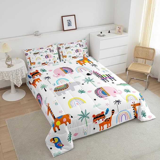 Feelyou Kids Zoo Animal Comforter Queen for Kids Boys Girls Cute Boho Animals Bedding Set Cartoon Elephant Comforter Set Wild Animals Duvet Set with 2 Pillow Case
