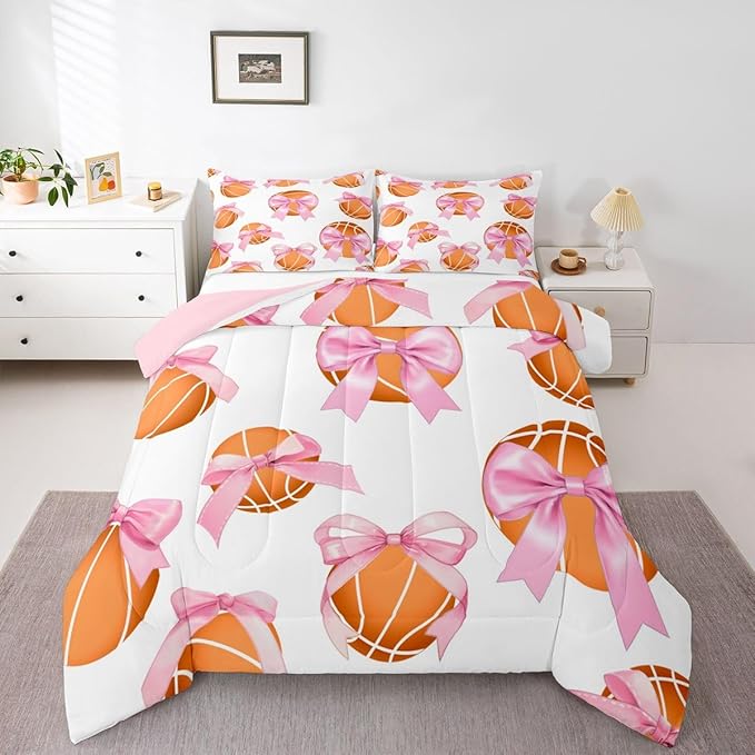 Bowknot Basketball Comforter Set King Size,Pink Bow Knot Print Bedding Sets 3Pcs for Kids Girls Women Room Decor,Ball Sport Games Theme Duvet Insert Cute Cartoon Girly Down Comforter,2 Pillowcases