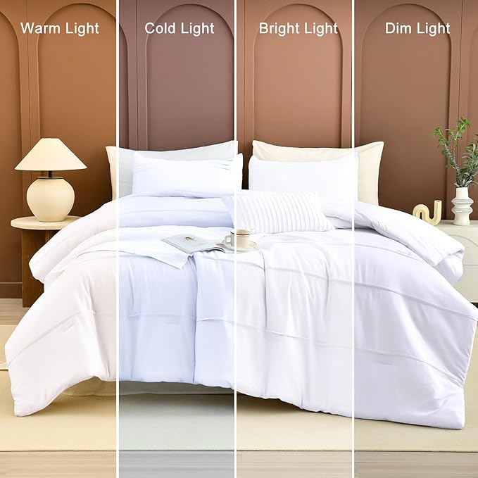Masaca White Oversized King Comforter Set 120x120,Pinch Pleated Textured California King Bed Comforter Set Rustic Boho Microfiber Extra Large Bedding 3PCS