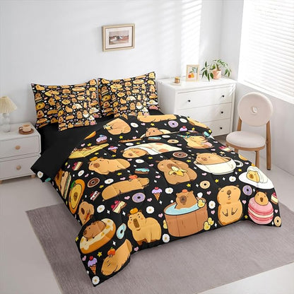Funny Capybaras 7 Pieces Bedding Set King Size,Capybara Lover Bed in a Bag,Cute Rodent Animal Bed Set Includes Comforter,Sheet Set,Pillowcases & Pillow Covers,Kawaii Animals Yummy Foods Bedroom Decor