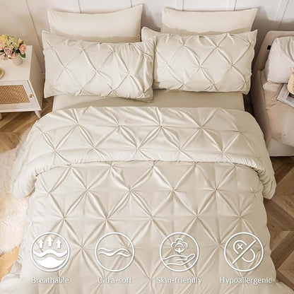 JOLLYVOGUE King Size Comforter Set 7 Pieces - Bed in a Bag King for All Season, Pintuck Bedding Comforter Sets with Comforter, Flat Sheet, Fitted Sheet and Pillowcases & Shams, Beige
