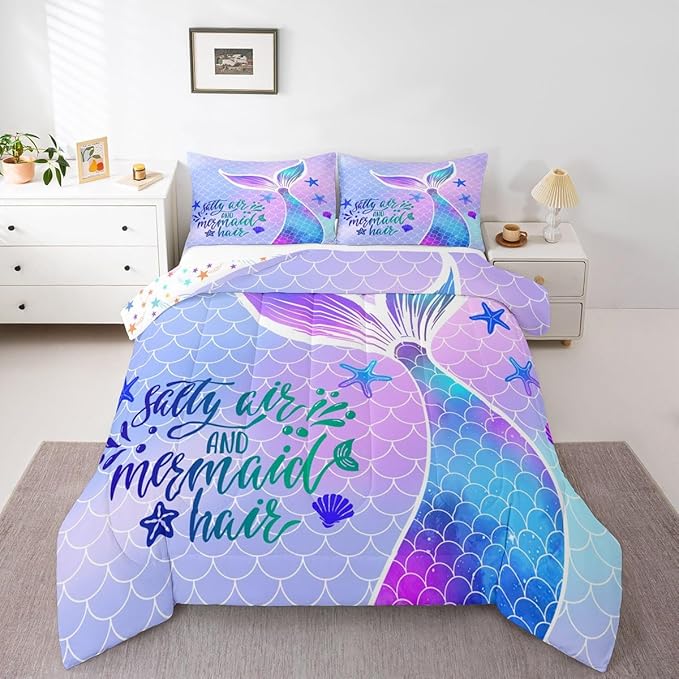 Mermaid Tail Comforter Set Kids Girls Fish Scales Cute Bedding Set Twin,Girly Shell Starfish Duvet Insert Ocean Life Sea Animal Duvet Stuffing Pastel PInk Teal Blue Purple Kawaii Room Decor