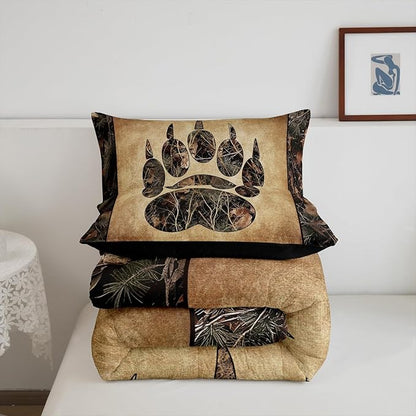Erosebridal Rustic Farmhouse Bedding Sets Full Camo Bear Paw Comforter Set Woodland Hunting Camouflage Animal Bedding Comforter Sets for Kids Boys Adults Men,Retro Cabin Wildlife Quilt Set