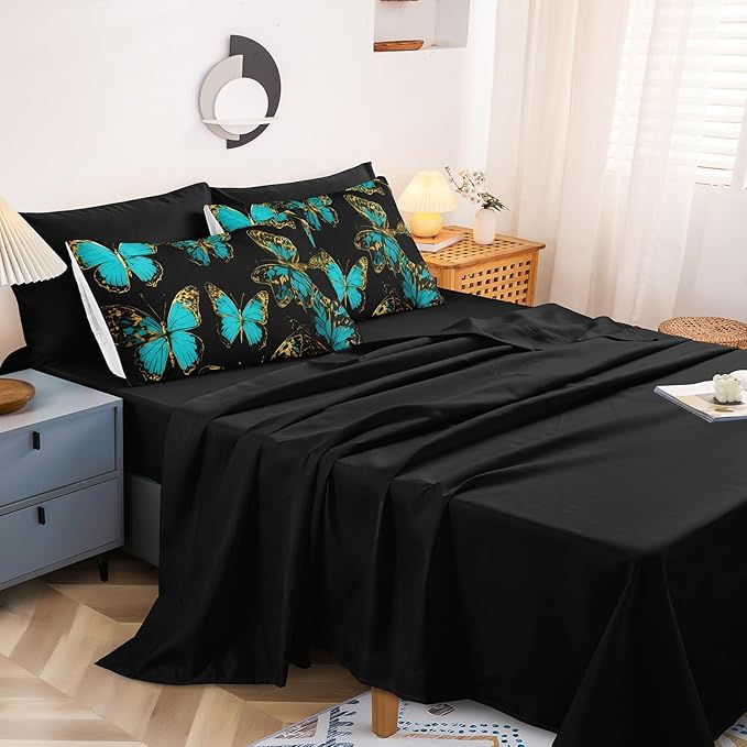 Black Gold Bedroom Comforter Set Teal Aqua Bedding Sets King Size Blue Butterfly Boho Chic Comforter Super Soft Cozy Black Bed in A Bag