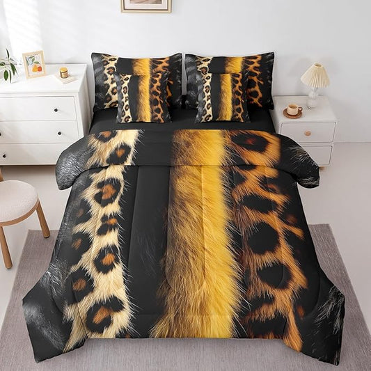jejeloiu 3D Gold Leopard 7 Piece Bedding Set Queen Size Adult Leopard Comforter Set with Sheets for Boys Girls Animal Print Bed in a Bag Wild Animal Fur Bed Set