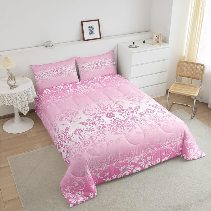 Feelyou Adults Pink Vintage Damask Floral Comforter Set Oriental Antique Comforter King Size Gothic Bohemia Boho Flower Bedding Set Bohemian Exotic Duvet Set Quilt Set 3Pcs