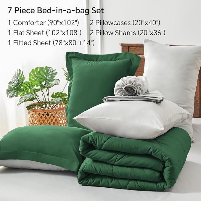 BEDELITE King Size Comforter Set 7 Pieces Bed in A Bag - Soft Microfiber Reversible Dark Green Bed Set with Comforters, Sheets, Pillowcases & Shams, Cozy Luxury Bedding Sets for All Season