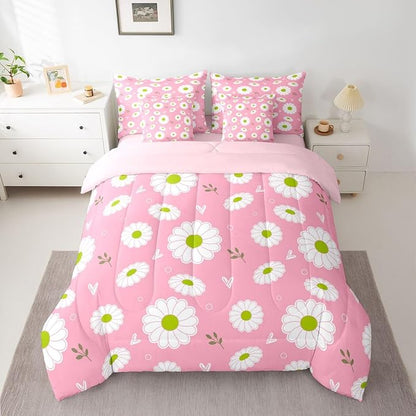 Feelyou Daisy Comforter Set with Sheets 7 Piece Twin Size Botanical Floral Printed Bed in a Bag Kids Boys Girls Blossom Flowers Pattern Bedding Set Pink Bedroom Decor Microfiber