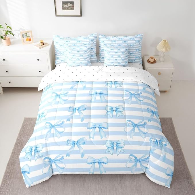 Erosebridal Bowknot Girls White Blue Kawaii King 7-Piece Comforter Set | Cute Bow Sheets and Pillowcases Geometric Bed in A Bag Stripe Bed Sets