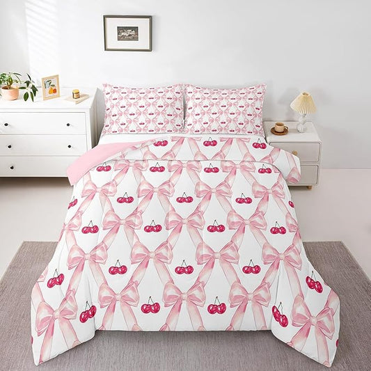 Erosebridal Cute Ribbon Bow Girls Bedding Set,Pink Kawaii Cherry Bedding Comforter Sets for Kids Teen Women Bedroom Decor Full,Watercolor Bow Comforter Set Abstract Bowknot Grids Quilt Duvet