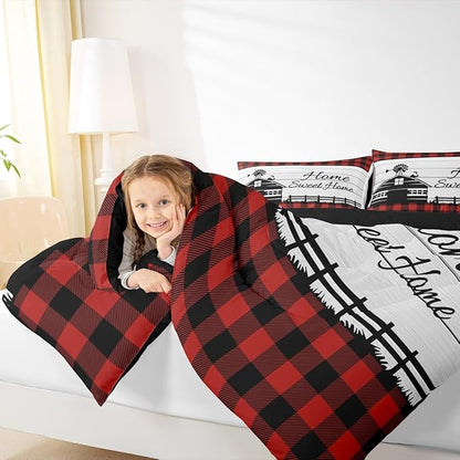 Buffalo Plaid Farmhouse Bedding Sets Full Rustic Cabin Comforter Set For Kids Adults Black Red Grids Windmill House Duvet Insert Western Country Home Room Decor Wooden Barn Door Quilt Comforter