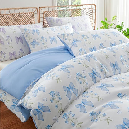 Blue Bow Comforter Set Queen 3Pcs Blue Floral Bedding Set for Girls Kids Romantic Princess Style Bowknot Bedding Ultra Soft Reversible Garden Flower Comforter Sets with 2 Pillowcases