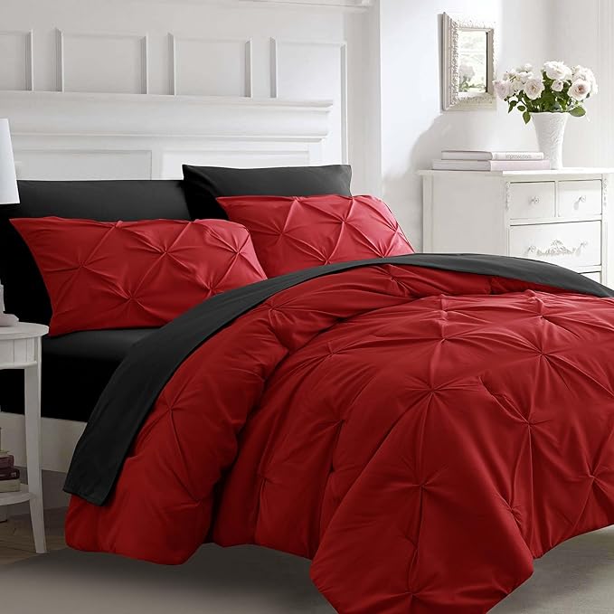 Ubauba 7pc King Size Comforter Set with Sheets, All Season Pintuck 7 Piece Bedding Sets Red and Black, Pinch Pleating Bed in a Bag Set with Comforters (Red and Black,King)