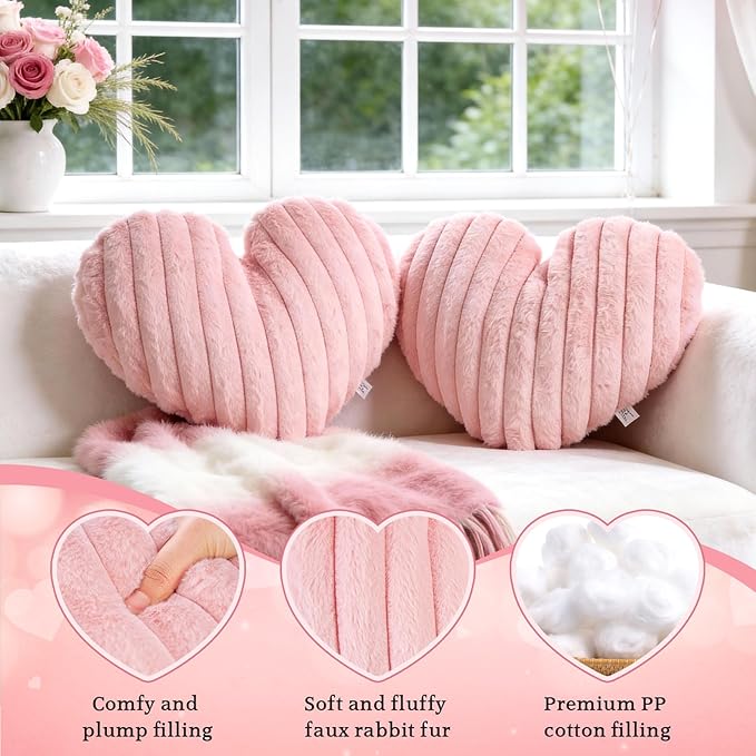 2 Pack Pink Heart Pillow Decorative Throw Pillows, Fluffy Heart Shaped Pillow for Bed Couch Chair, Faux Fur Cute Love Pillow Cushion for Room Decor, Valentines Day, 15" x 13" (2, light pink, 15x13in)