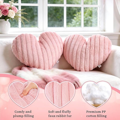 2 Pack Pink Heart Pillow Decorative Throw Pillows, Fluffy Heart Shaped Pillow for Bed Couch Chair, Faux Fur Cute Love Pillow Cushion for Room Decor, Valentines Day, 15" x 13" (2, light pink, 15x13in)
